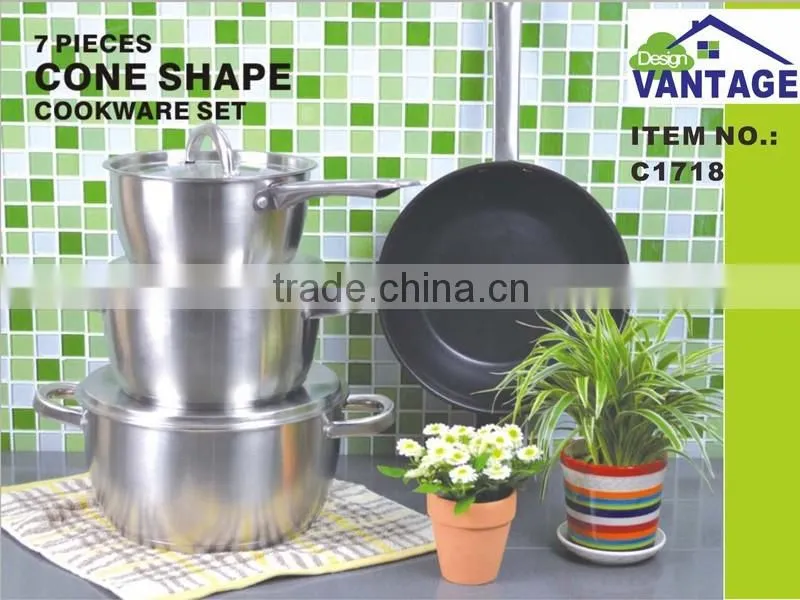 modern kitchen designs 7pcs cone shape stainless steel cookware set non-stick cookware