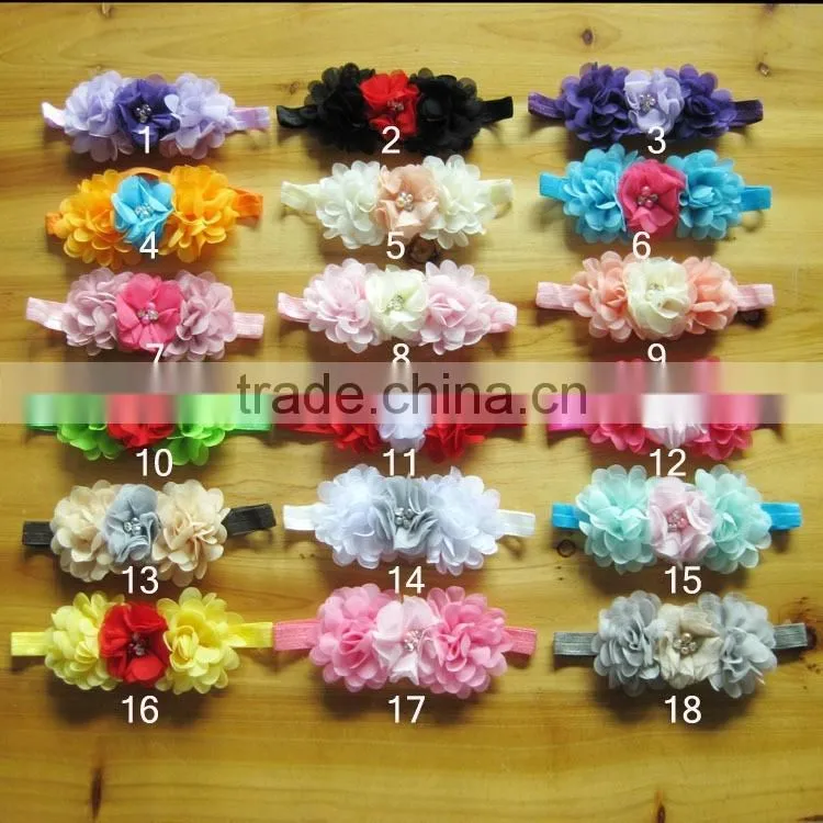 chiffon flower with pearl rhinestone in center for kids hair accessories