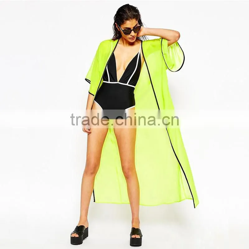 Summer Beach Style Women Beachwear Cover Up Beach Ladies Sexy Contrast Trim Long Beach Kimono Style Swimwear
