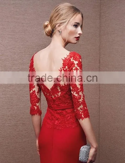 long sleeve nude evening red prom dress with sleeves