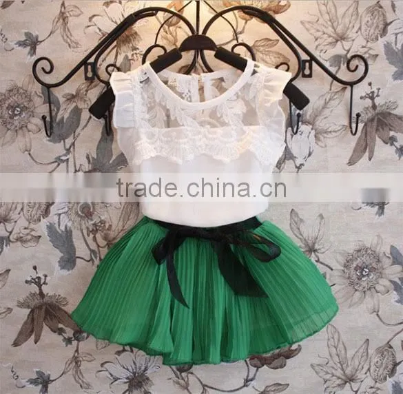 New 2pcs/set Baby Girl Children's Beauty Lace Agaric T-shirt Vest+ Mini Skirt Dress Bow Belt Skirt SV009464#