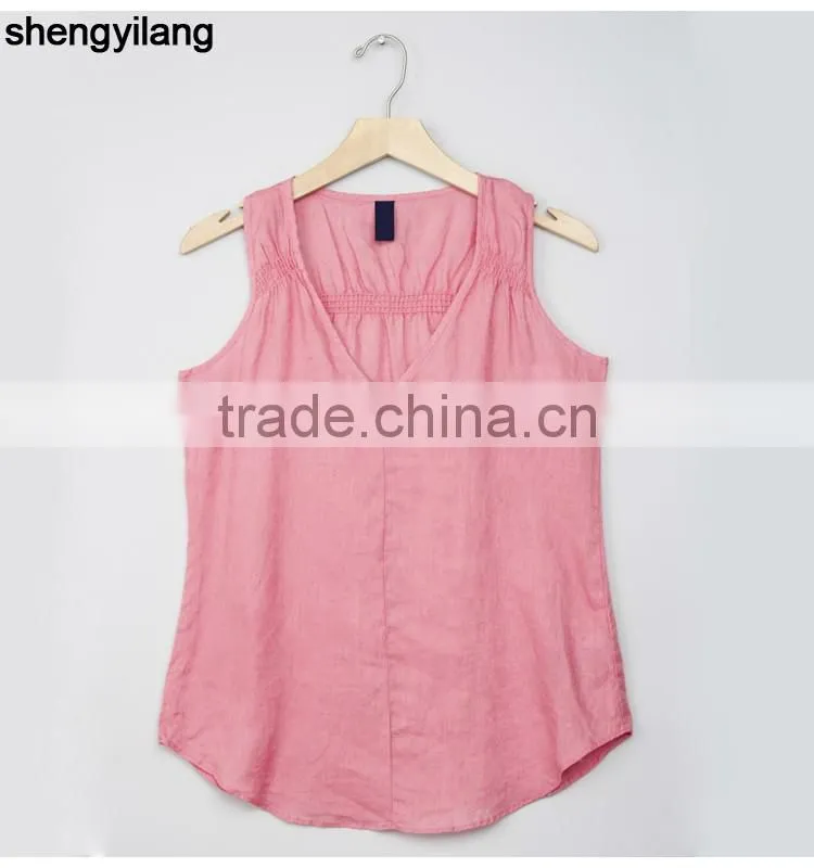 2016 newest product pure color leisure 100% linen vest custom high quality comfortable ladies tops