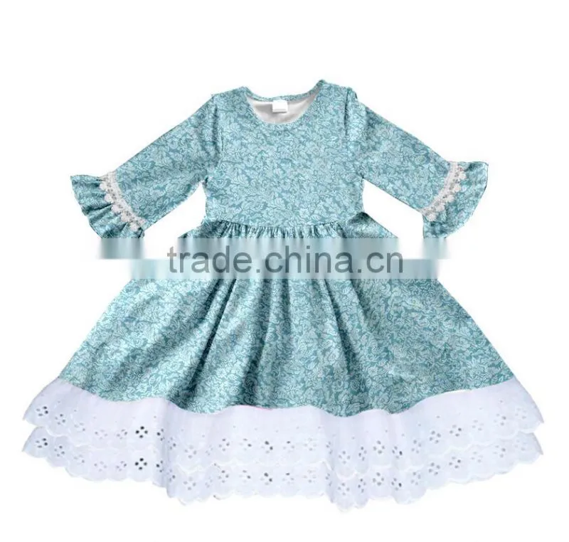 CH00308YIWU BOYA Cotton milk silk ruffle dress kids clothes cream leaves prints wearing boutique dress
