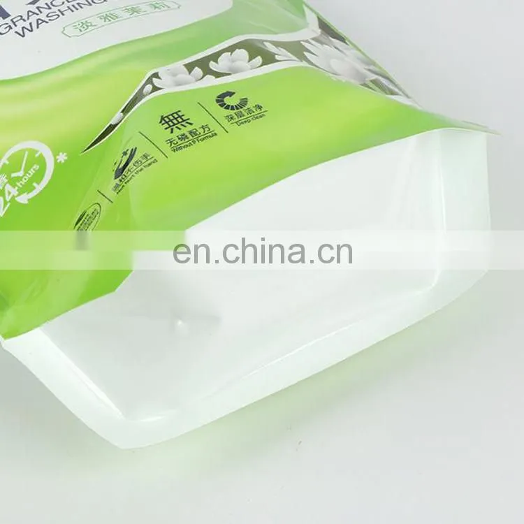 customized printing stand up reusable laundry detergent packaging spout bag with side hang hole