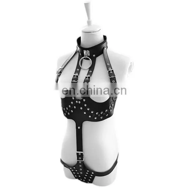 Open bust & crotchless sex teddy sex bondage lingerie leather sexy body harness