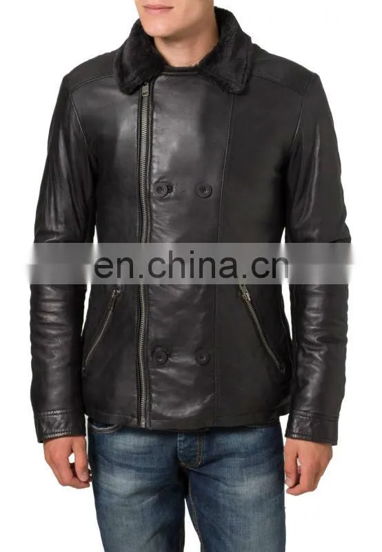 Men High quality Double press jacket with fur collar/ leather fashion jacket