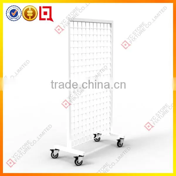 2015 white powder coated metal grid display rack with casters
