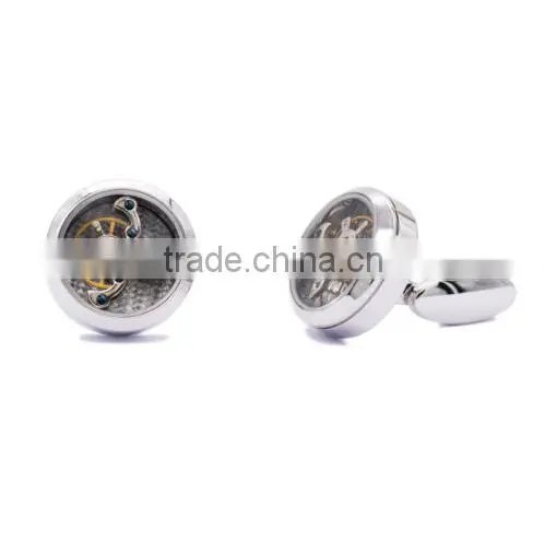 Silver Round Cuff Link Suits Shirt Tourbillon Mechanical Watch Cufflinks for Men