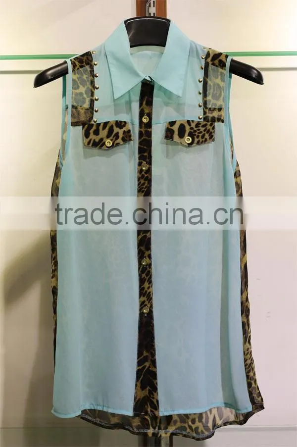 2014 design leopard printed turquoise contract chiffon blouse