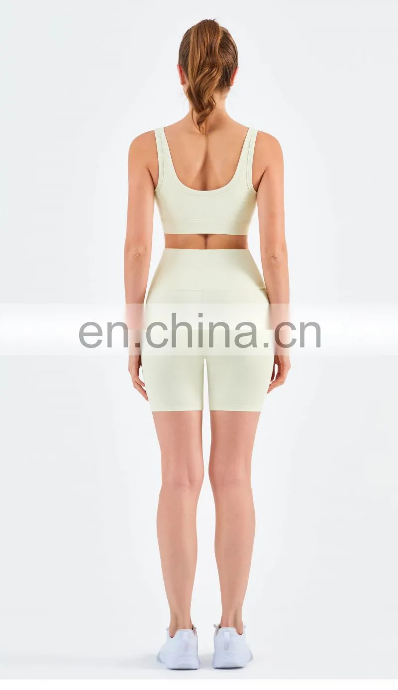 Athletic Ribbed Yoga Fitness Women Square Neckline Sports Bra Biker Shorts Set Gym