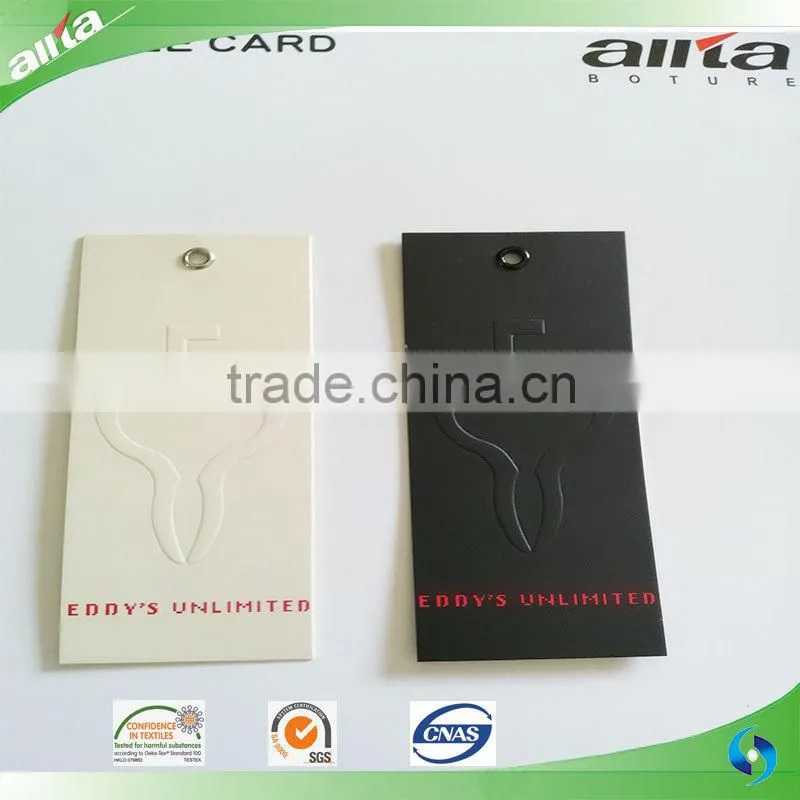 Customized garment paper tags with hang tag cord locking