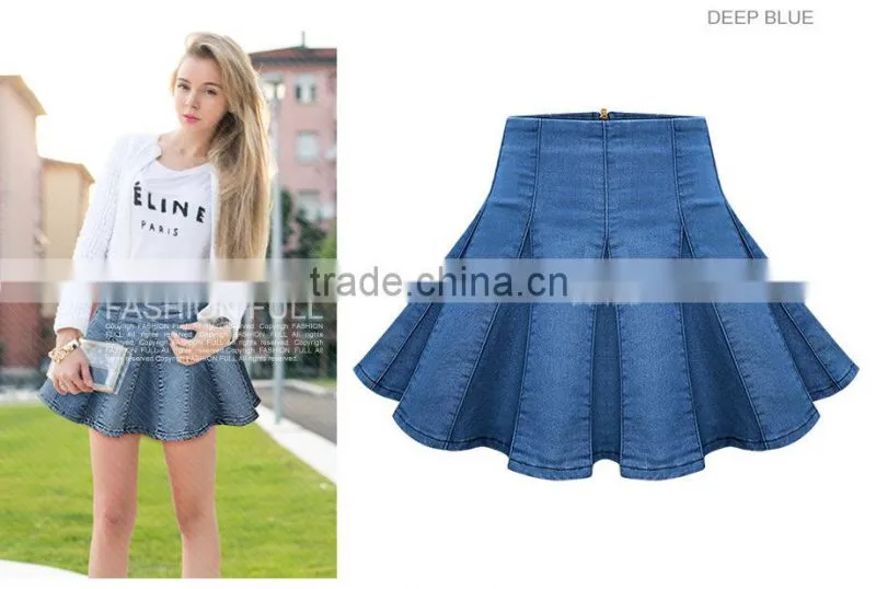 High waist short denim skirt women blue elasticity denim pleated mini skirt girls ball gown sexy girls in short denim skirt