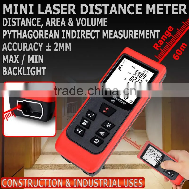 Accuracy 2mm 60m/196 ft Area Volume Measurer Range Finder Laser Distance Meter