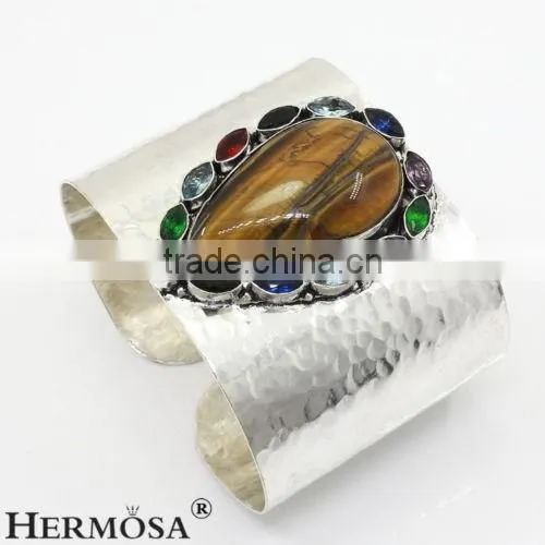 Exclusive Natural Stone Tiger's Eye 925 Sterling Silver Gemstone Wide Band Cuff Bangle