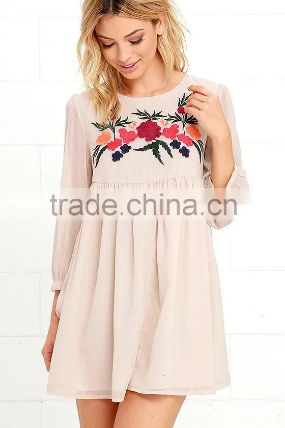 2016 latest dress design 3/4 sleeves chiffon dress with floral embroidery summer dress