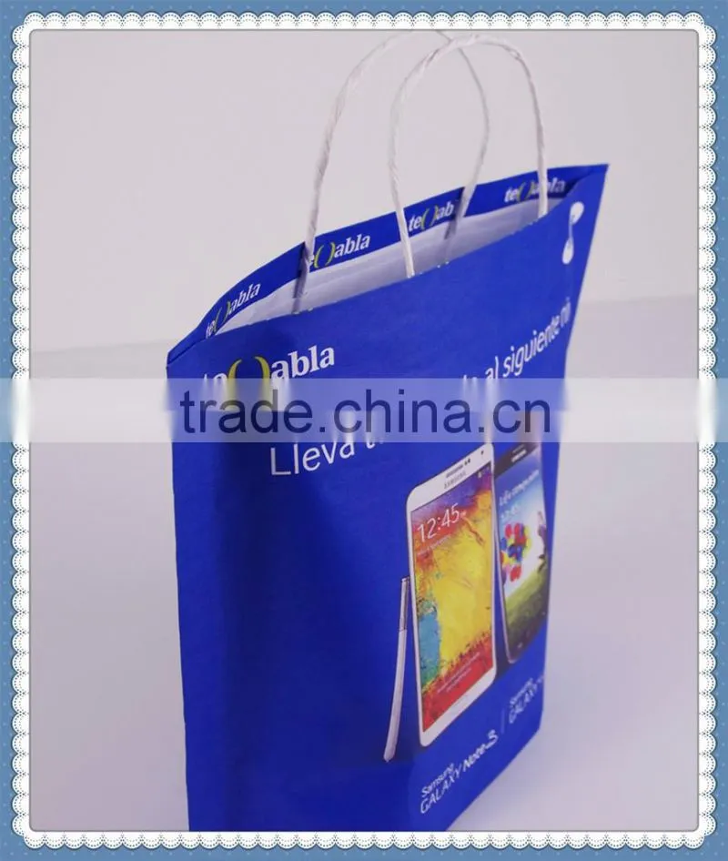 2016 New design blue flexo printing eco friendly kraft paper bag for mobile phone