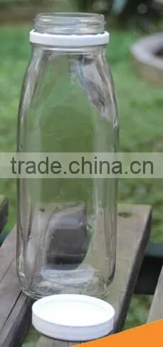 Wide mouth french square beverage glass bottle with black lid