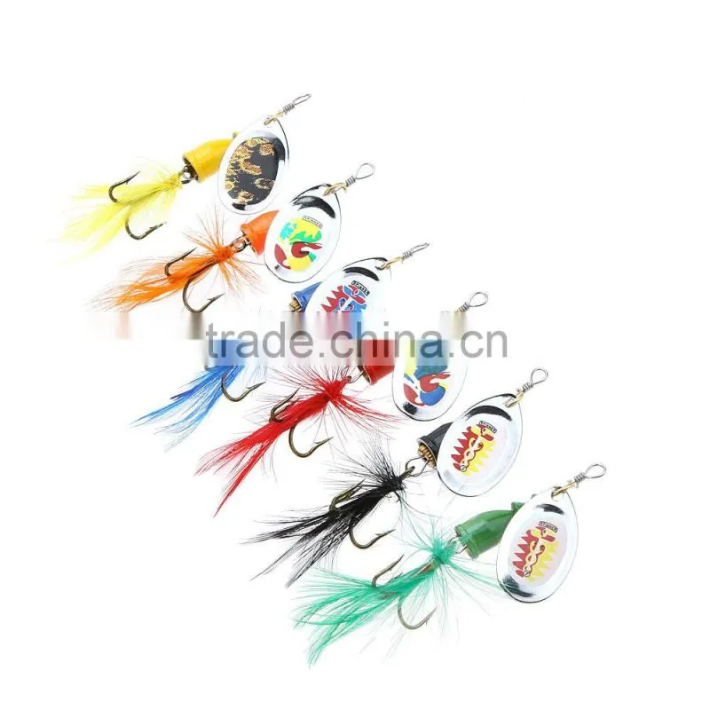6Pcs 7cm 4g Hard Fishing Lures Spoon Noise Sequin Paillette Baits with Feather Treble Hook Set Tackle
