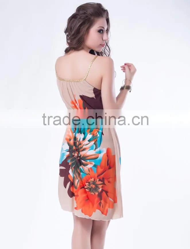 Latest fashion multi flowers panttern sexy ladies summer dress 2015