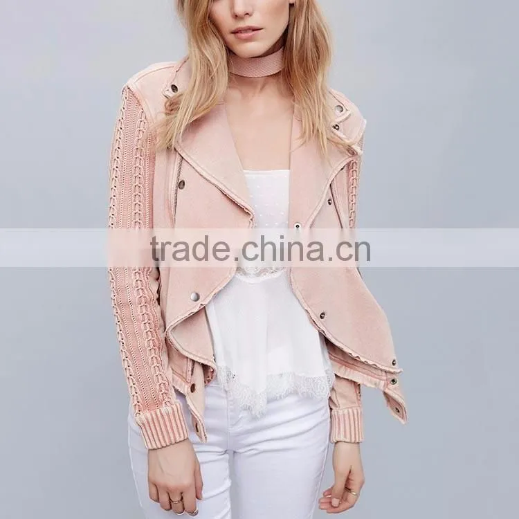 New arrivals autumn winter cropped crochet moto ruffled fashion pink jacket girls
