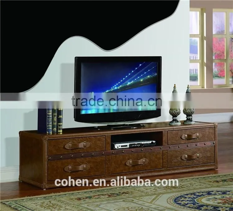 2016 New design European vintage chesterfeild style top grain leather tv stand/tv cabinet and home furniture