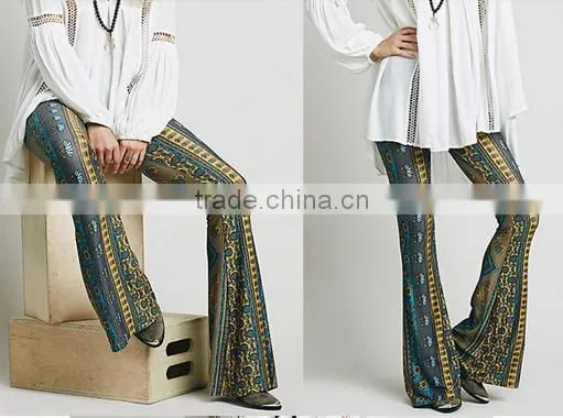 Fashion Hot Sale Paisley Print Stretch Flare Boho Hippie Style Pants Boho Pants Bell Bottom Trousers