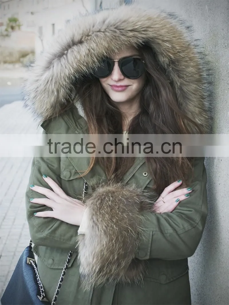 Detachable Faux Fur Jacket with fur collar fur sleeve ,women Army green Jacket coat