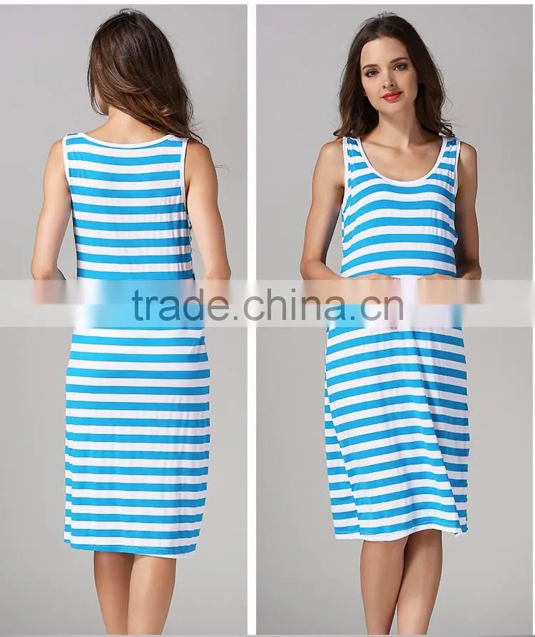 White and Blue Strips Maternity Dress Korean Style Nursing Clothing Athleisure Hide Breastfeeding Opening Skirts