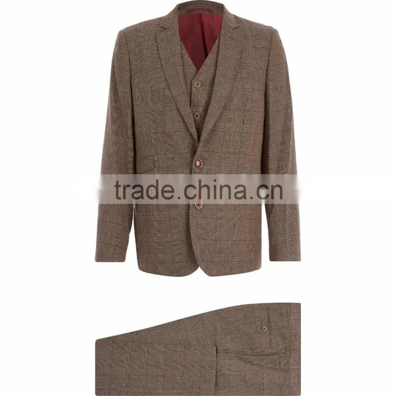 Latest Mens Brown Linen Checked Three-Piece Suits Wholesale