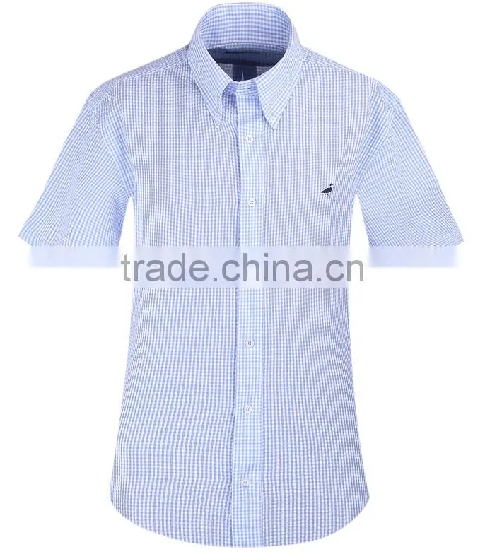 2017 new light blue checks men's short sleeve shirt wholesale