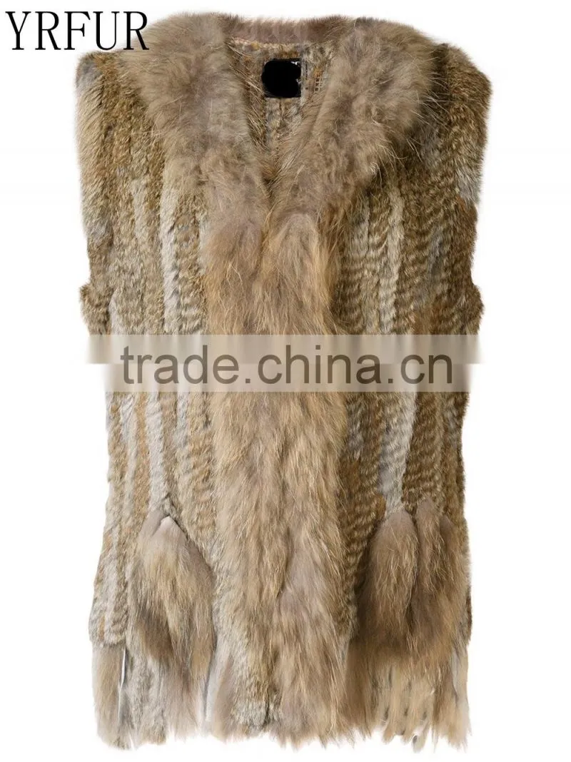 YR006A New Arrive Real Rabbit and Raccoon Hand Knit Vest with Tassels Top Sales Fur Gilet