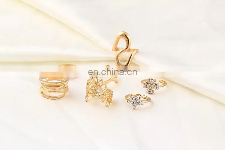 7PCS/Set Fashion Women Gold Hollow Flower Star Rhinestone Ring Sets