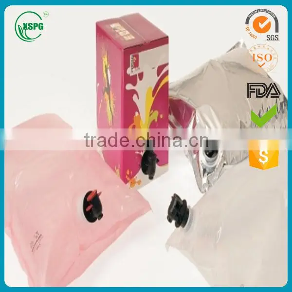 Juice/water/wine laminated plastic bag in box with valve