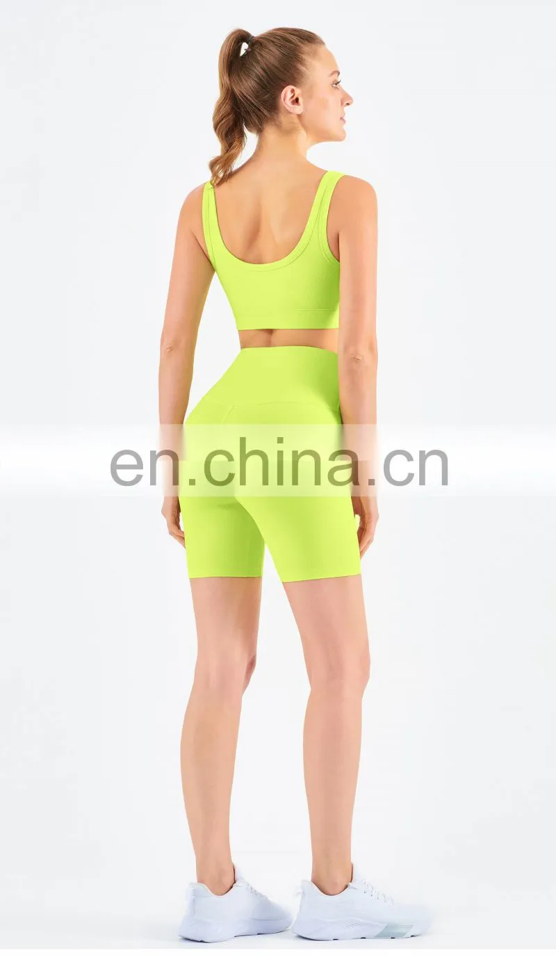 Athletic Ribbed Yoga Fitness Women Square Neckline Sports Bra Biker Shorts Set Gym