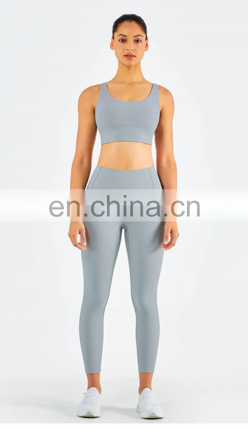 Custom Women Ribber Fabric Sport Set Girls Yoga Gymwear Wholesale Workout Set Fitness clothing