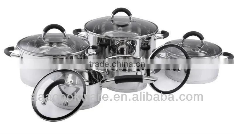 10pcs straight shape stainless steel induction cooking pots with colorful silicone handle and colorful silicone rim glass lid
