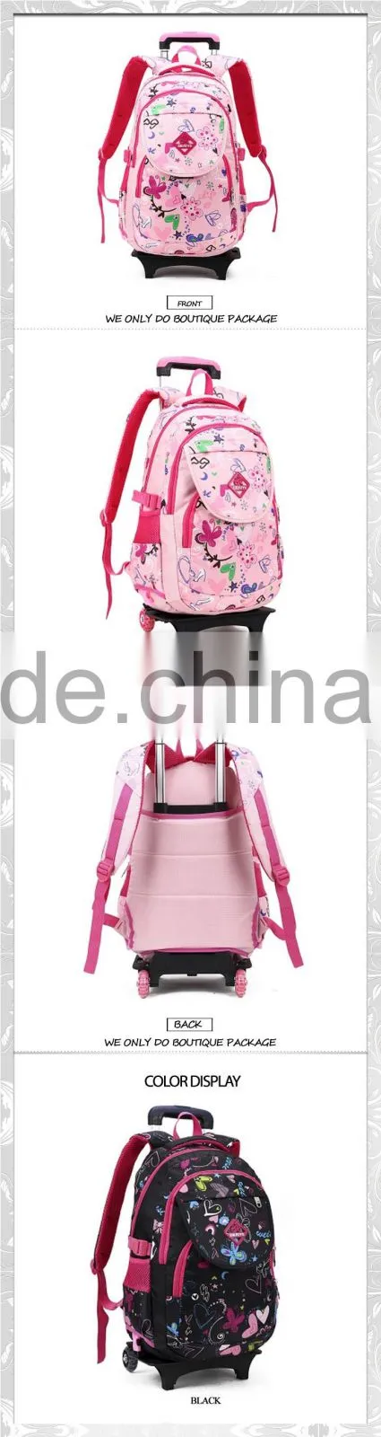 fashion flower student school bag backpack with trolley