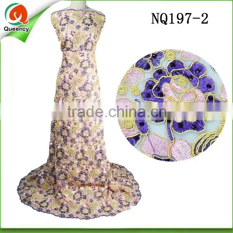 lace fabric embroidery african french lace fabrics with purple rhinestone NQ197-2