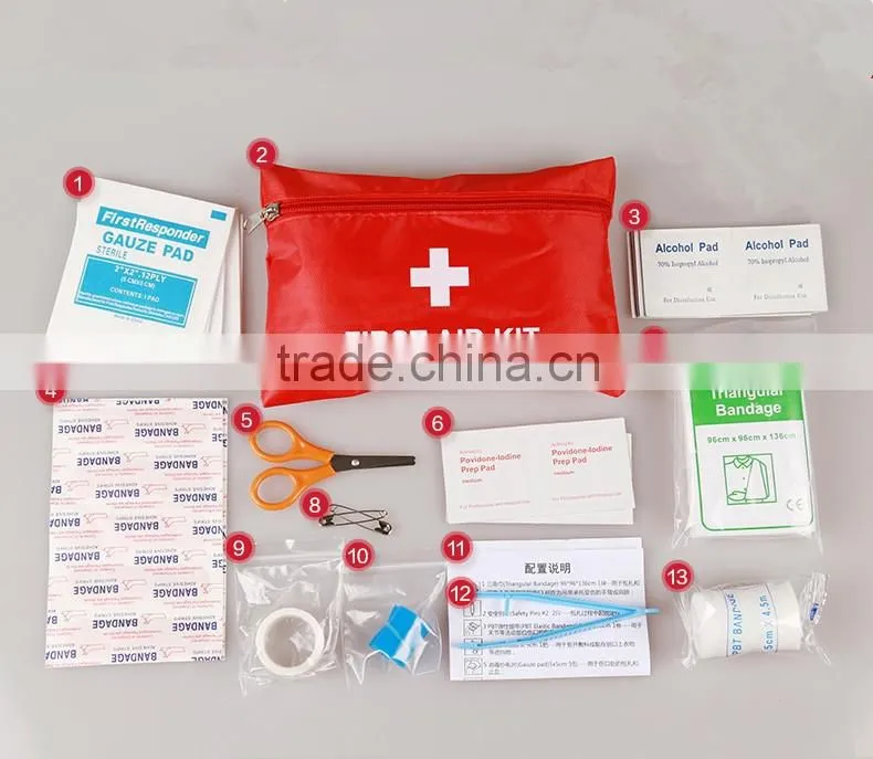 2016 new wholesale camping supplies 13pcs outdoor survival kit emergency first aid kit for camp set