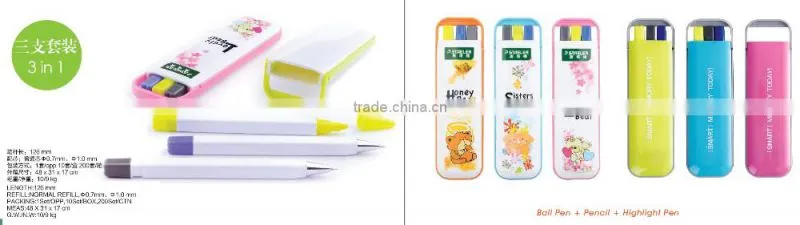 popular school&gift pen set, 3 in 1 pen, highlighter pen
