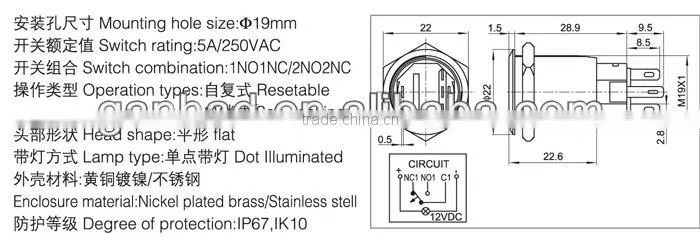 Dot illuminated stainless stell 19mm push button switch