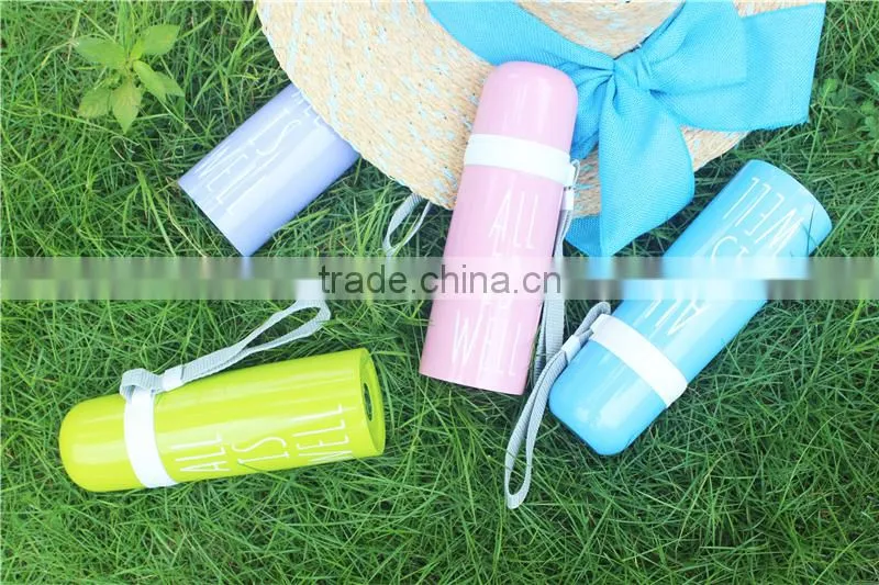 wholesale china fashion english word bullet vacuum flask with plastic cup