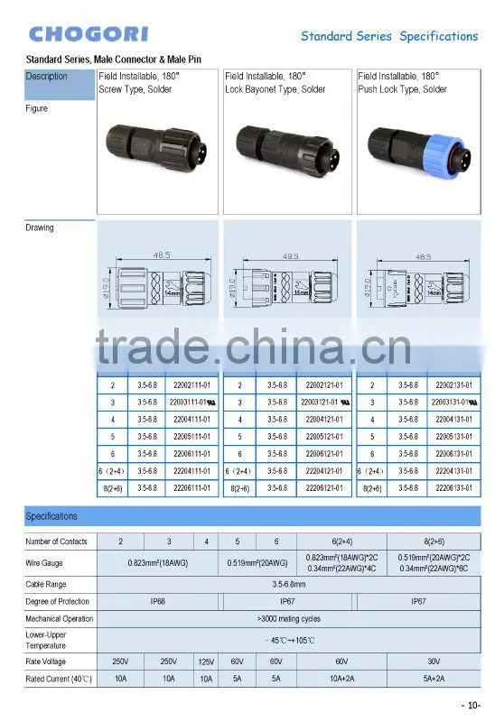29mm 3pins+9sockets power and data male hybrid waterproof connector