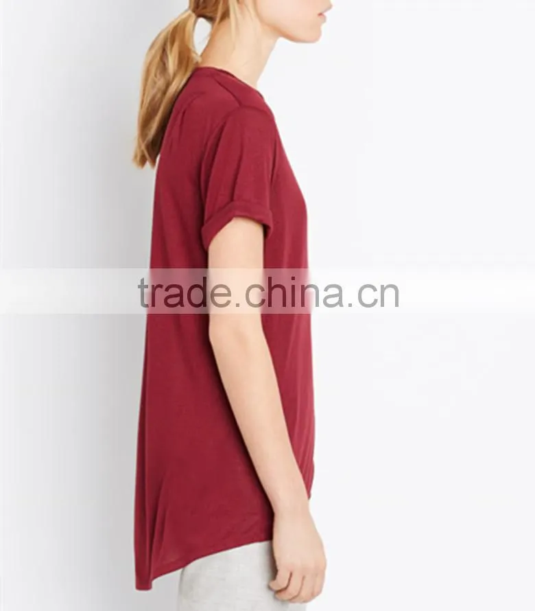 Ladies Classics dark red round neck lightweight rayon tee with curve high-low hem women tops