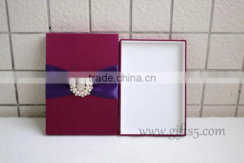 Custom Burgundy wedding invitation boxes with brooch in handmade