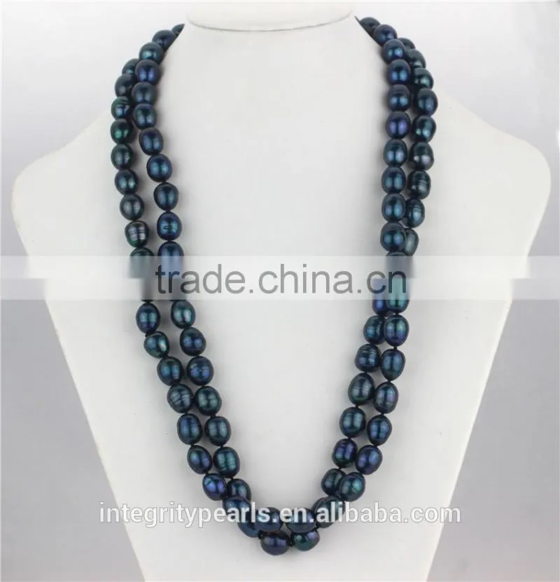 Fashion freshwater pearl necklace 11-12mm peacock blue long rice pearl necklace