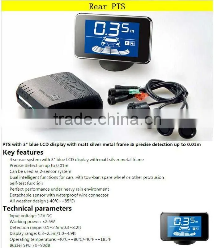 Auto car reversing sensor PTS with wide screen blue LCD display with matt silver metal frame