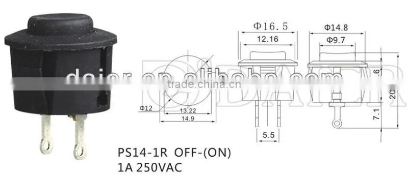 PS14-1R OFF-(Momentary ON) 12mm black push button switch
