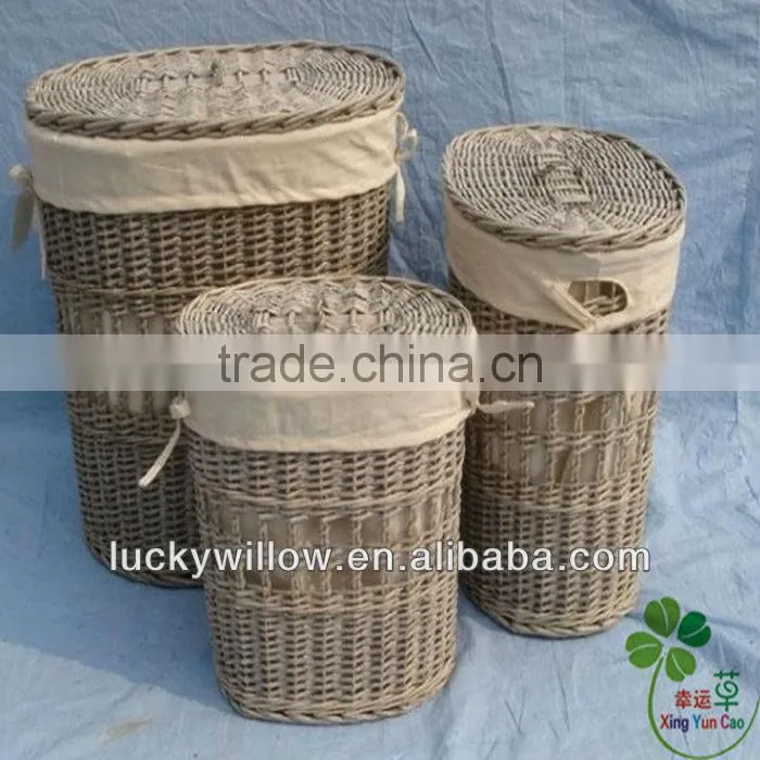 large round wicker laundry basket with lid