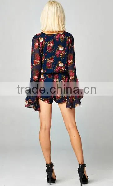 cheap 2015 sexy ladies Long bell sleeve Deep V neck print floral plus size loose short chiffon playsuit romper jumpsuit